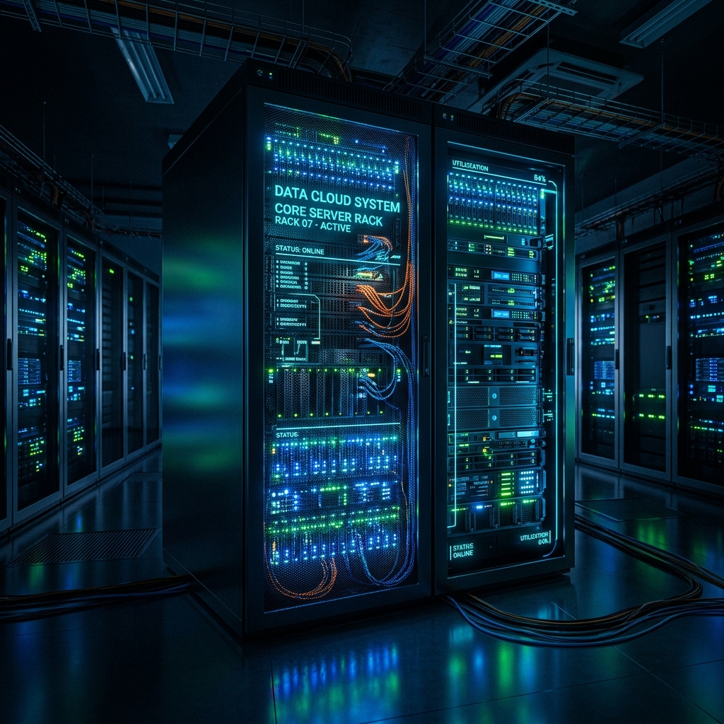 A glowing data center server rack with blinking blue and green lights, futuristic cloud computing concept, highly detailed, dark atmosphere, no humans